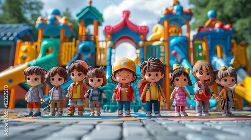 Group of 3D realistic cartoon children playing tag on a playground with vibrant equipment and green surroundings, filled with excitement
