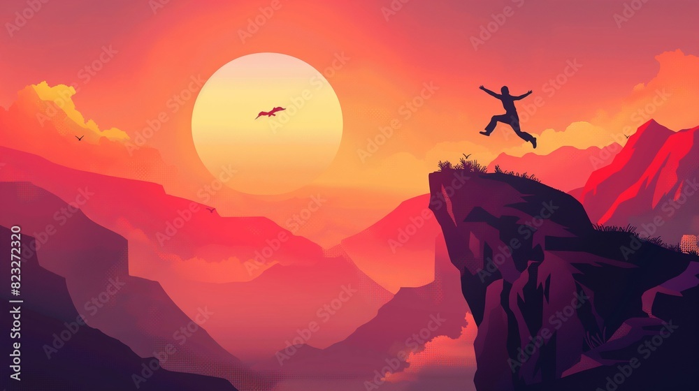 A person jumping up and down the mountain at sunrise, shouting for national independence, graphic scenery