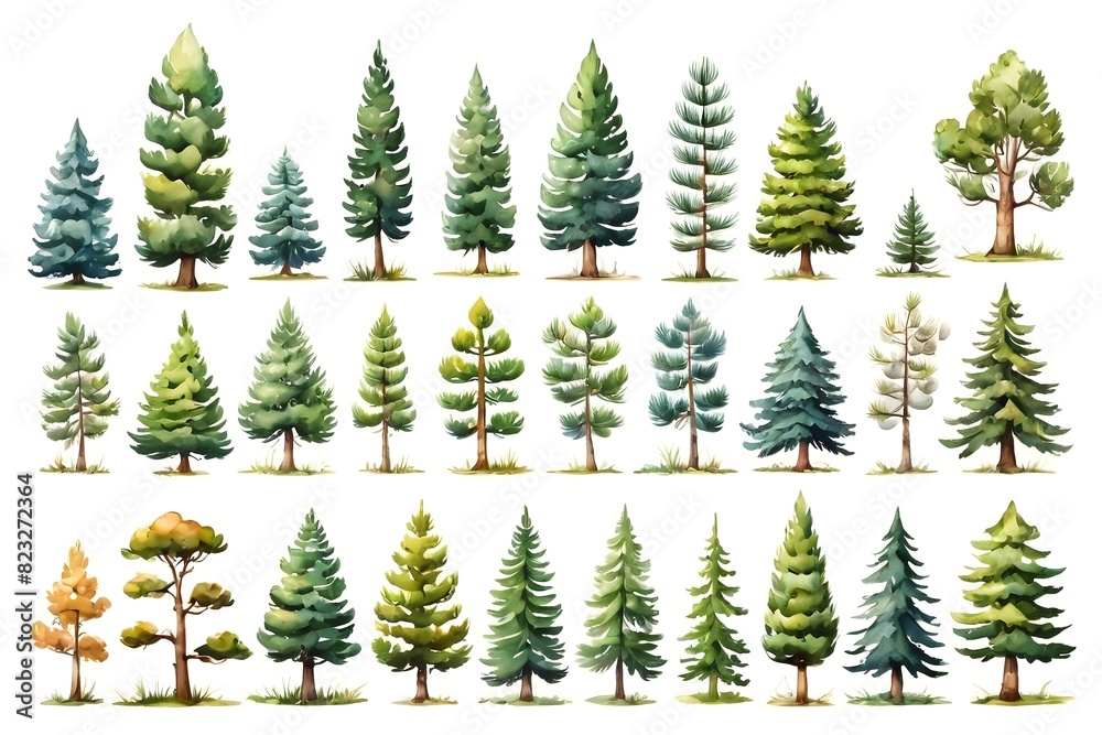 Set of green trees, isolated illustration on a white background Set of green trees, isolated illustration on a white background