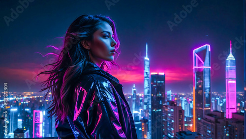 Beautiful silhouette of a woman with long hair standing on a rooftop with a neon cyberpunk city skyline in the background