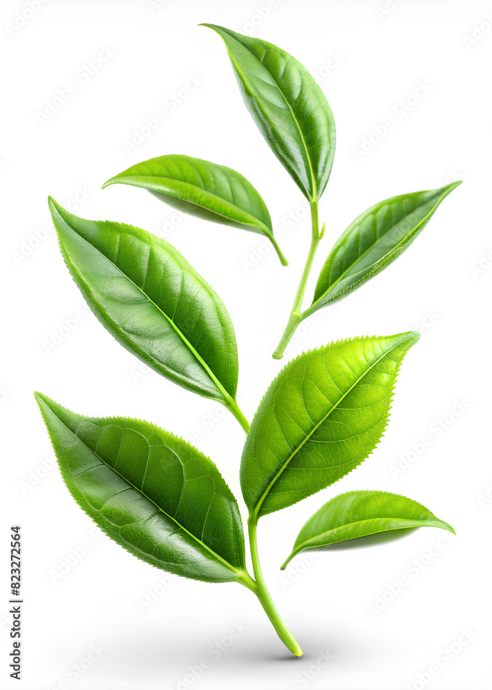 Fresh green tea leave falling on isolate white background, clipping path