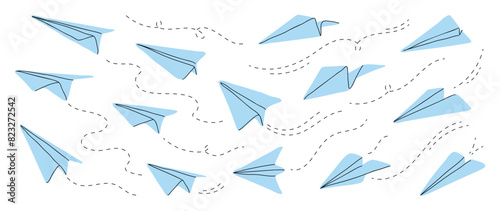 Hand drawn paper plane vector icons set. Paper plane doodle style collection different on white background. Design for application, doodle, print, sticker, decoration.