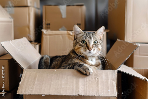 Cute tabby cat playing in cardboard boxes.