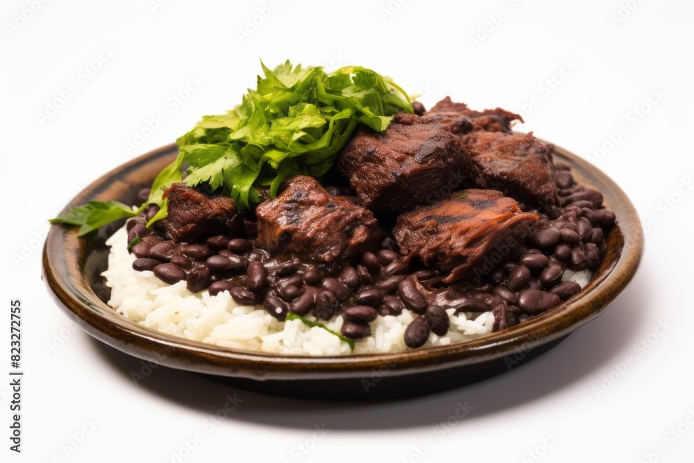 Hearty feijoada on a palm leaf plate against a white background Hearty feijoada on a palm leaf plate against a white background