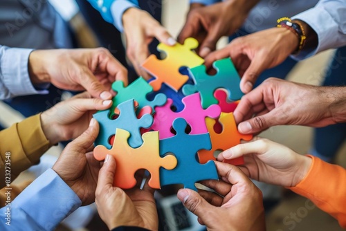 Team Building: Business Professionals Working Together to Create a Strong and Unified Group, Represented by Puzzle Pieces of Unity and Partnership
