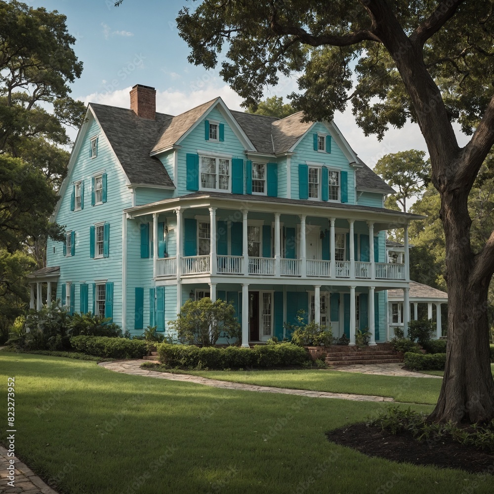 Classic colonial house with turquoise shutters and a tree-lined driveway.

