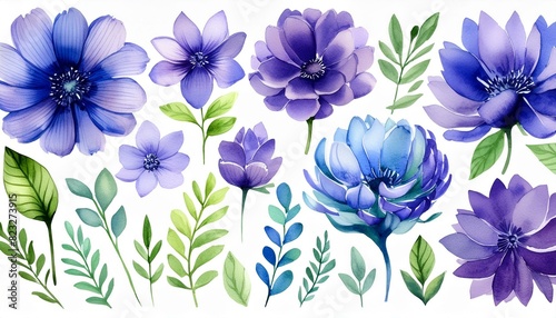 Watercolour floral illustration set. DIY violet purple blue flowers  green leaves elements collection - for bouquets  wreaths  wedding invitations  prints  fashion  birthday  postcards  greetings