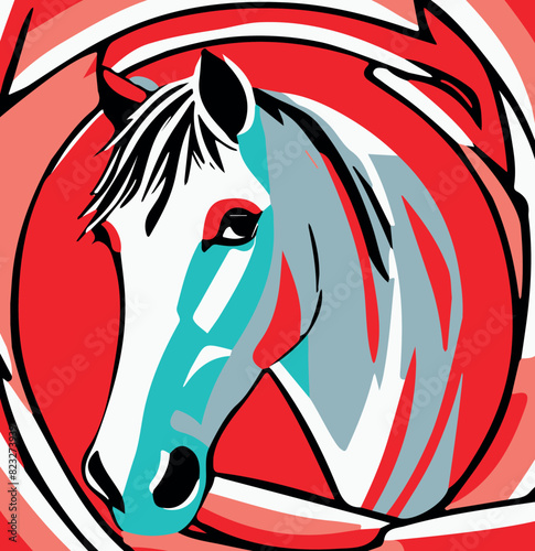 Vector illustration of a portrait of a white horse with red swirls.