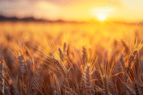 Wheat field Ears of golden wheat close up Beautiful nature sunset landscape 