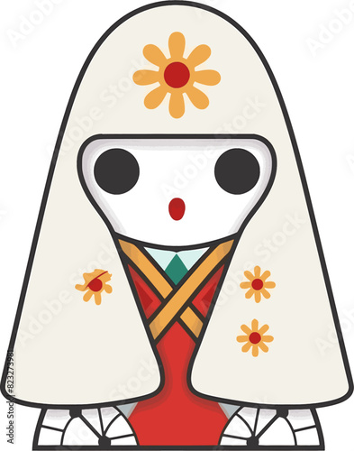 Vector illustration of a cheerful cartoon character with bright flowers  wearing a kimono