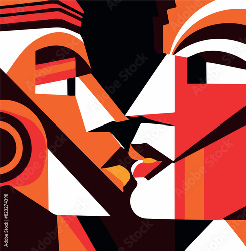 Faces in profile kissing in abstract geometric shapes