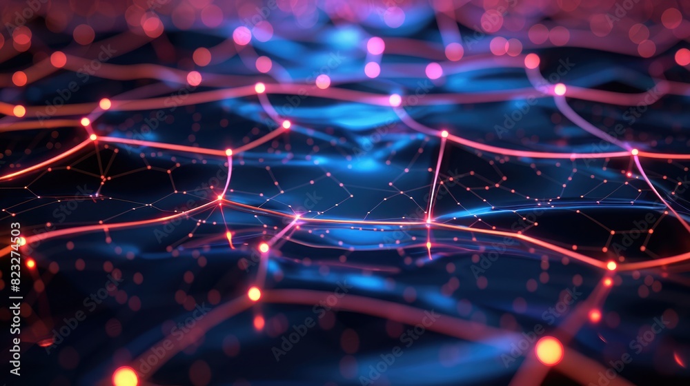Glowing, interconnected data nodes and links on a dark background, representing big data ecosystems. Big data visualization