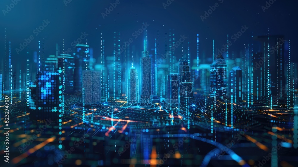 Futuristic city landscape made of glowing data points and digital lines, representing big data-driven urban planning. Big data visualization