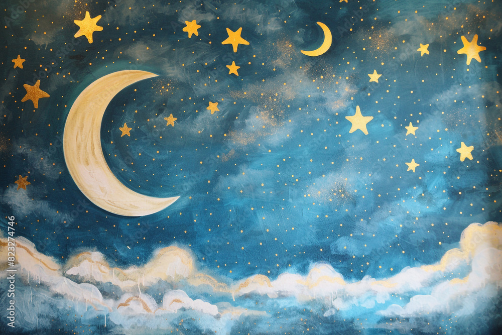 Whimsical children s room mural of a starry night sky, perfect for inspiring dreams and creativity in young minds with playful stars and moonlight Whimsical children s room mural of a starry night sky, perfect for inspiring dreams and creativity in young minds with playful stars and moonlight