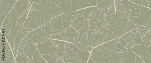 Botanical leaf line art wallpaper background vector. Luxury natural hand drawn foliage pattern design in minimalist linear contour simple style. Design for fabric, print, cover, banner, invitation.