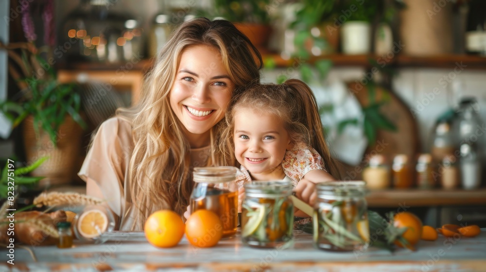 Mother and Little Girl Making Homemade Drink Kombucha, Healthy Fermented Beverage. Generative ai Mother and Little Girl Making Homemade Drink Kombucha, Healthy Fermented Beverage. Generative ai