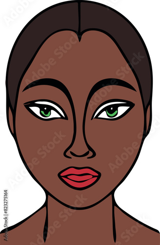 Vector illustration of a portrait of a beautiful African woman with striking emerald green eyes.
