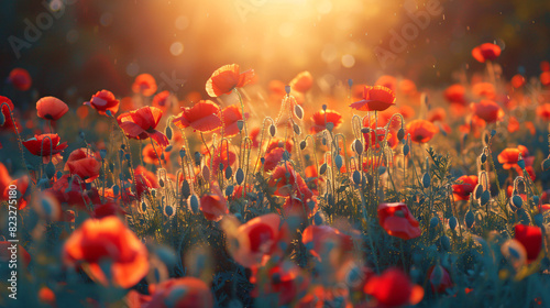 Beautiful flowers of poppies in evening light sun in n