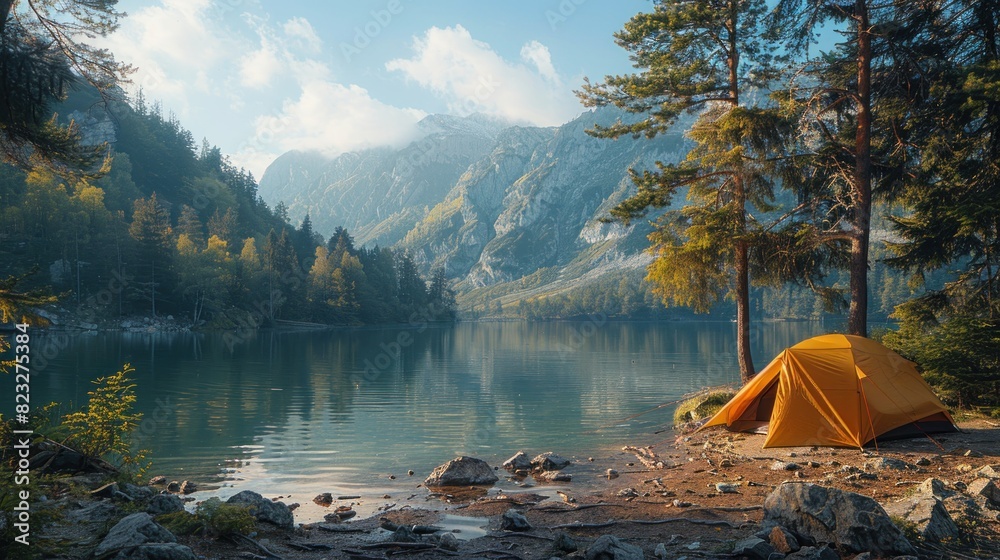 A tent pitched up on the shore of a lake amidst nature wallpaper