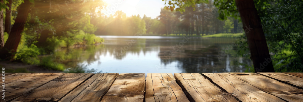 Close up of table top in foreground, lake and trees in background. Room for copy space or products.