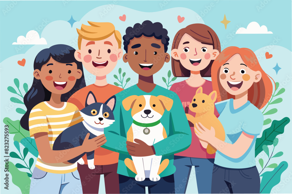 Vector illustration of a group of friends holding their pets, including cats and dogs, outdoors with smiling faces and greenery Vector illustration of a group of friends holding their pets, including cats and dogs, outdoors with smiling faces and greenery