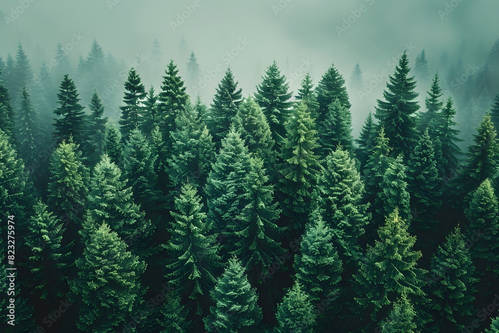 Majestic Foggy Pine Forest, Serene Nature, Greenery in Morning Mist