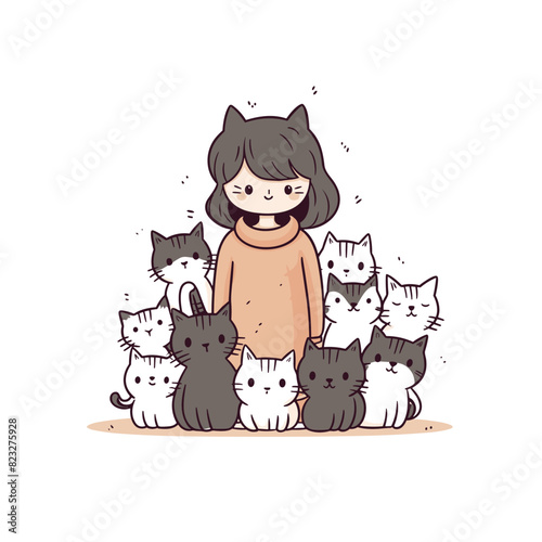 Vector illustration of a cartoon girl surrounded by adorable cats