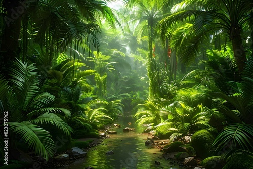 Lush Tropical Rainforest Stream with Sunlight Filtering Through Dense Foliage