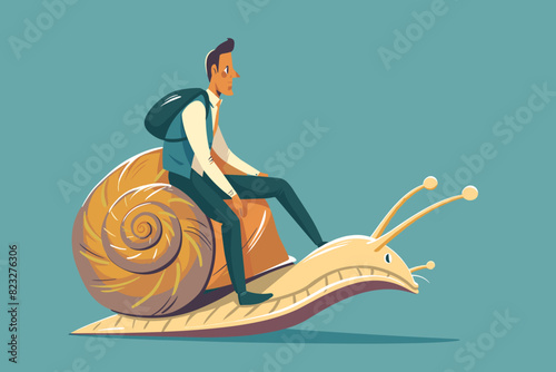 Unproductive Entrepreneurs Riding Snail in Wrong Direction, Symbolizing Slow Business Growth and Inefficient Corporate Management photo