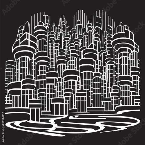 Vector illustration of a surreal cityscape.