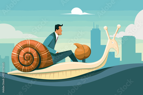 Unproductive Entrepreneurs Riding Snail in Wrong Direction, Symbolizing Slow Business Growth and Inefficient Corporate Management photo