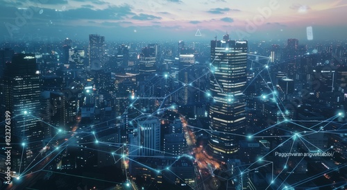 A futuristic cityscape with smart grid technology, showcasing connected buildings and digital connections between them