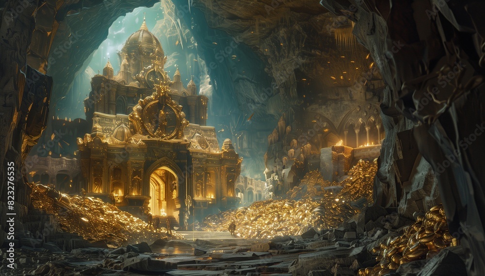 Cave surrounded by gold, stone pillars, and ancient ruins, AI-generated. Cave surrounded by gold, stone pillars, and ancient ruins, AI-generated.