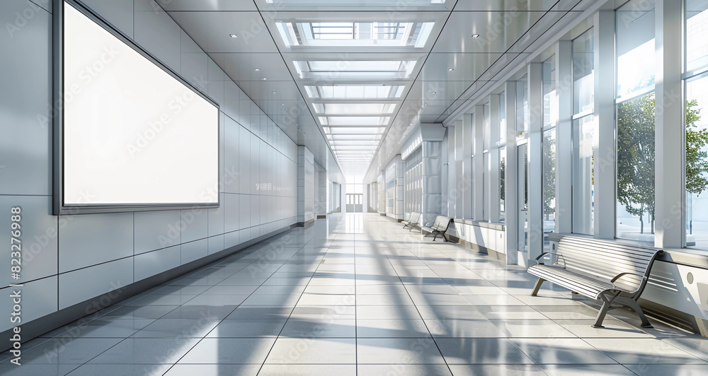 A high end subway station with a blank billboard on the side for marketing and advertisements A high end subway station with a blank billboard on the side for marketing and advertisements