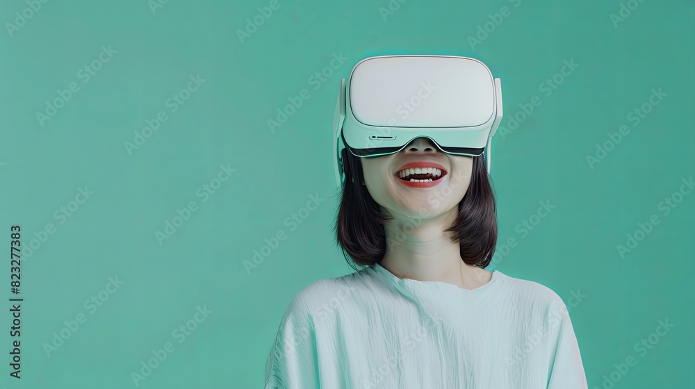 Smiling woman in white shirt with VR glasses on flat green background. Generative AI