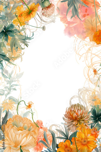 Flower frame surrounded by various flowers, a combination of watercolor and realistic effects
