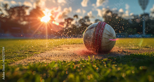Focused image of a white cricket ball on a cricket pitch early in the morning  photo
