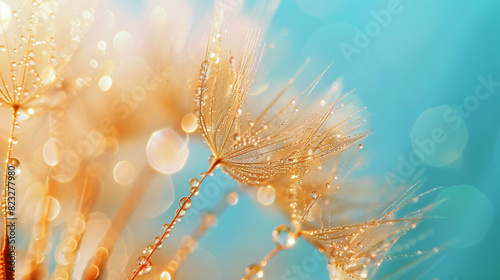 Beautiful golden dew drops on a dandelion seed. Close-