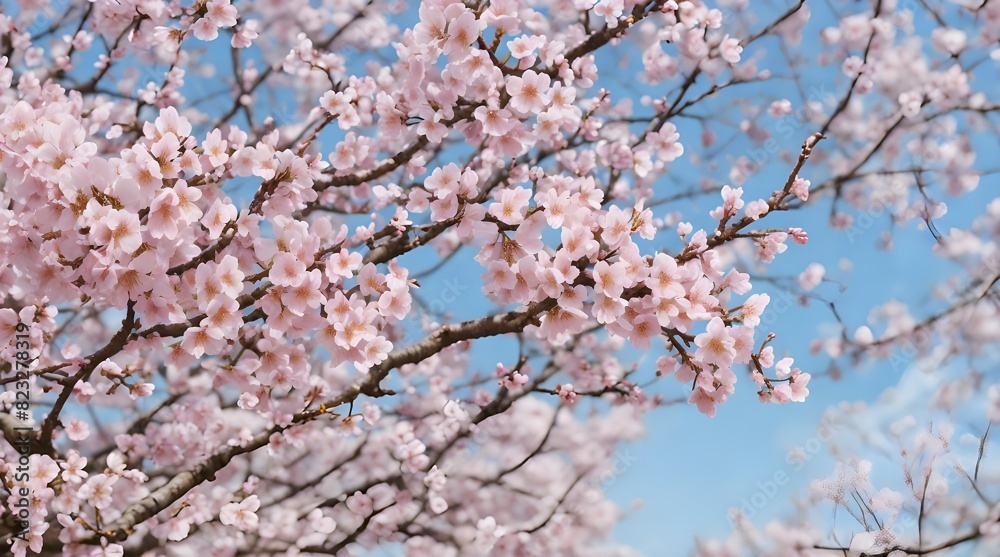 Pink cherry tree blossom flowers blooming in spring, easter time against a natural sunny blurred garden banner background of blue, yellow and white bokeh Pink cherry tree blossom flowers blooming in spring, easter time against a natural sunny blurred garden banner background of blue, yellow and white bokeh