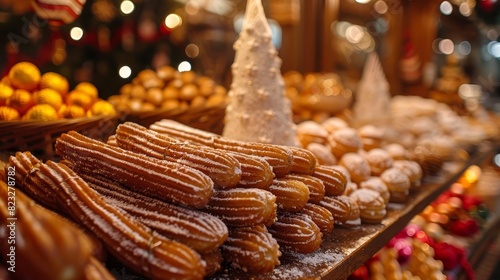 Depict a festive holiday market where churros are being sold alongside other sweet treats and decorations, Close up photo