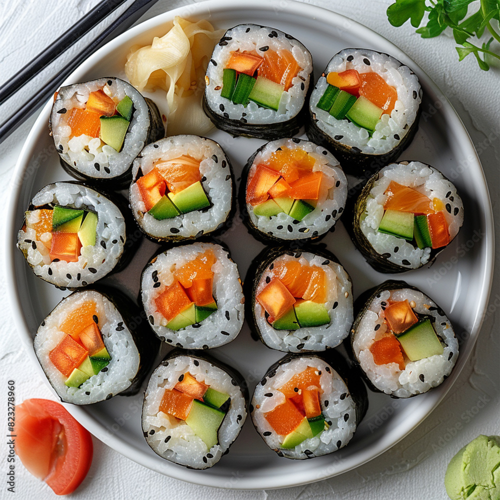 Sushi plate on white background. Makizushi. Delicious sushi rolls on white plate with chopsticks and wasabi. Made with generative ai Sushi plate on white background. Makizushi. Delicious sushi rolls on white plate with chopsticks and wasabi. Made with generative ai