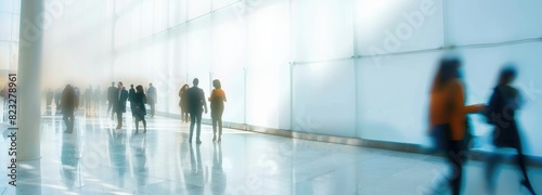 Blurred Business People Walking in Bright Modern Office Building photo