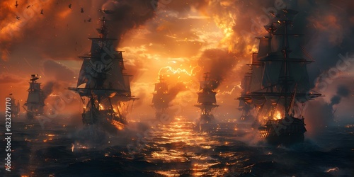 A dramatic scene featuring pirates in action full of adventure and danger. Concept Adventure, Pirates, Dramatic Scene, Action-filled, Dangerous Settings