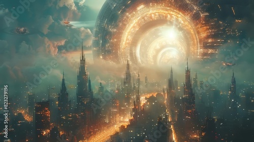 Depict a futuristic cityscape with a wormhole portal in the sky, allowing instant travel to distant planets, Close up photo