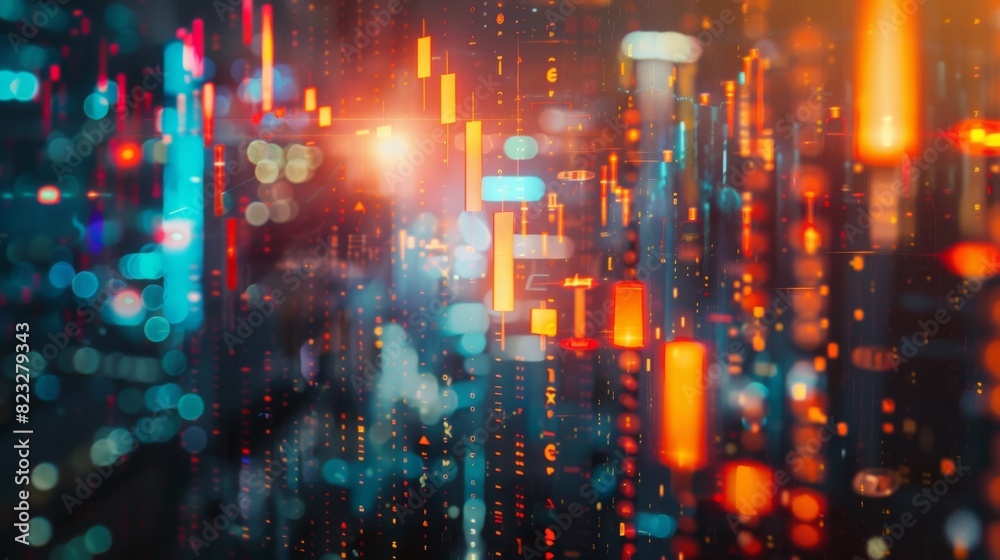 Obraz premium Abstract glowing big data forex candlestick chart on blurry city backdrop.