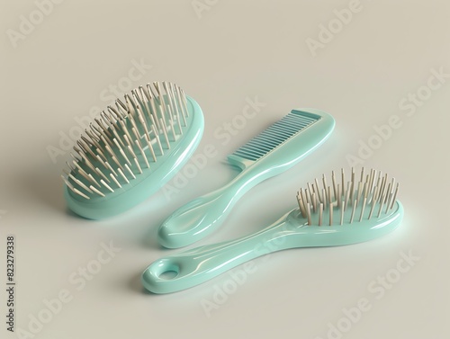 A detailed 3D render of a baby hairbrush and comb set