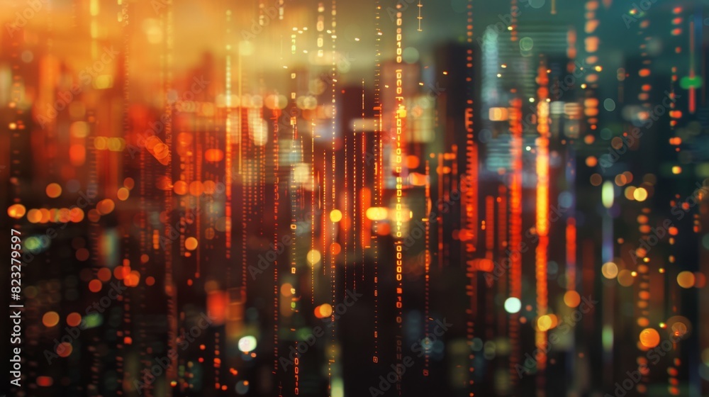 Abstract glowing big data forex candlestick chart on blurry city backdrop. Abstract glowing big data forex candlestick chart on blurry city backdrop.