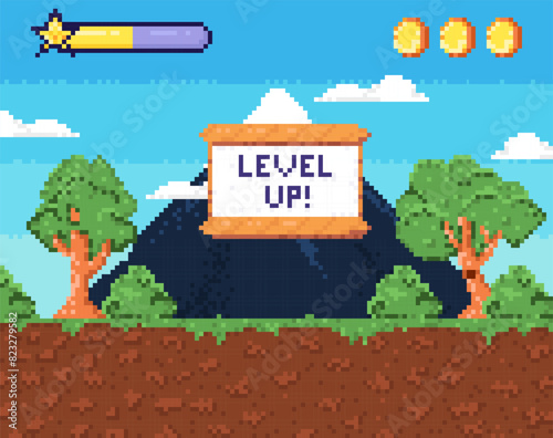 Pixel art game level up background. Retro 8 bit video game interface with Level Up text, computer game level up background. Win screen