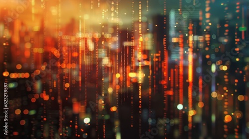 Abstract glowing big data forex candlestick chart on blurry city backdrop.