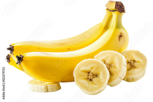Portrait of a fresh bananas along with cut slices of the banana isolated on a transparent background